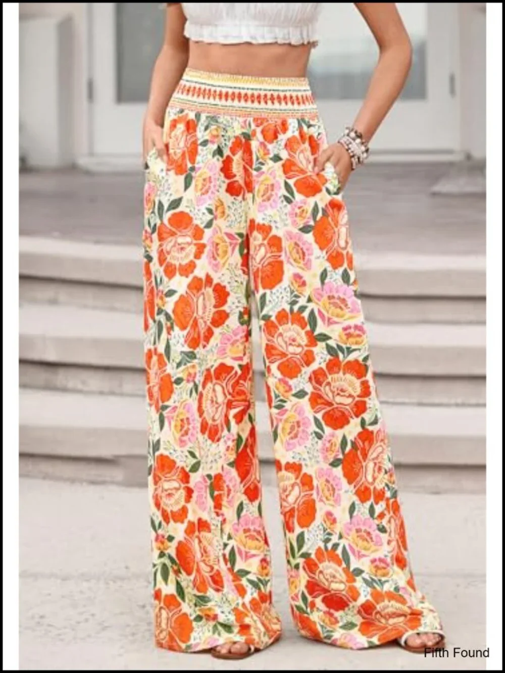 Wide Leg Pants Smocked Waist Floral Resort Beach Casual Trousers